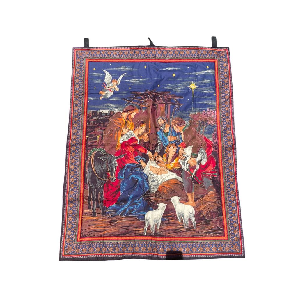 Wall Hanging Tapestry Christmas Decor Angel Lambs Holiday Nativiti Scene Vintage
